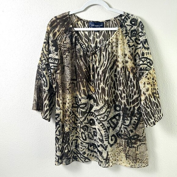 Susan Graver Tunic Top Womens Size M Brown Tan Chiffon Animal Print Metallic - Picture 1 of 13